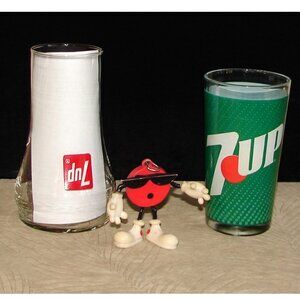 Vtg 7-Up Lot: Upside Down Uncola Glass, Tumbler, Bendable Spot Keychain/Ornament